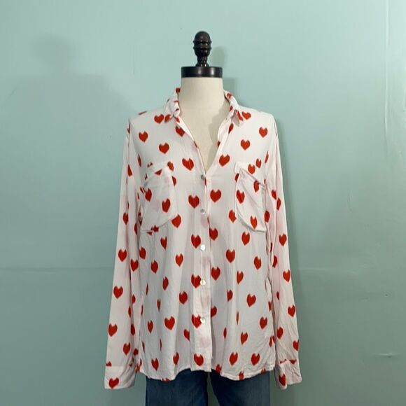 Just Living White Red Heart Button Down Top - Picture 1 of 4
